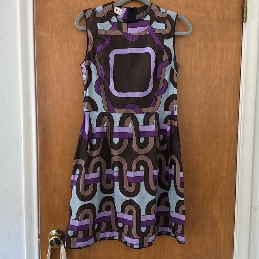 Marni Purple Geometric Lamb Leather Trim Mini Cotton Dress Size IT 42/US 6